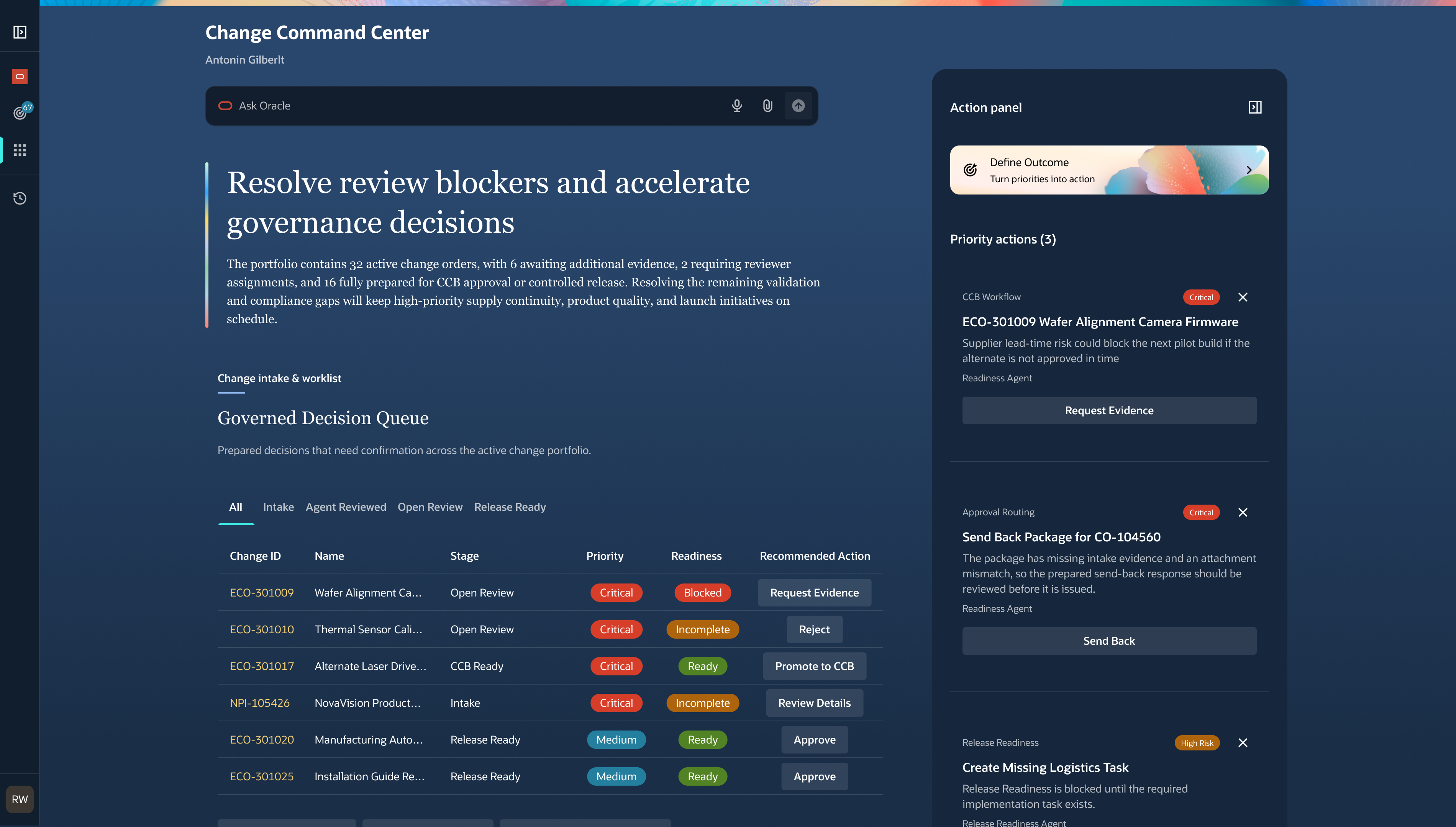 Change Command Center home screen, showing priority actions and a governed decision queue across the active change portfolio