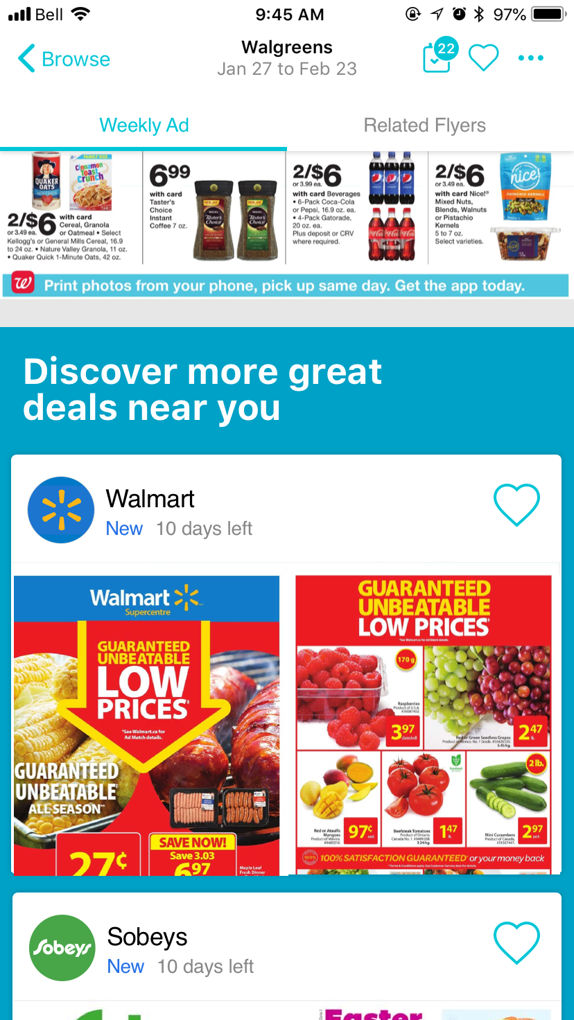Endless Browse: a Discover more great deals section with related store flyers at the end of a flyer