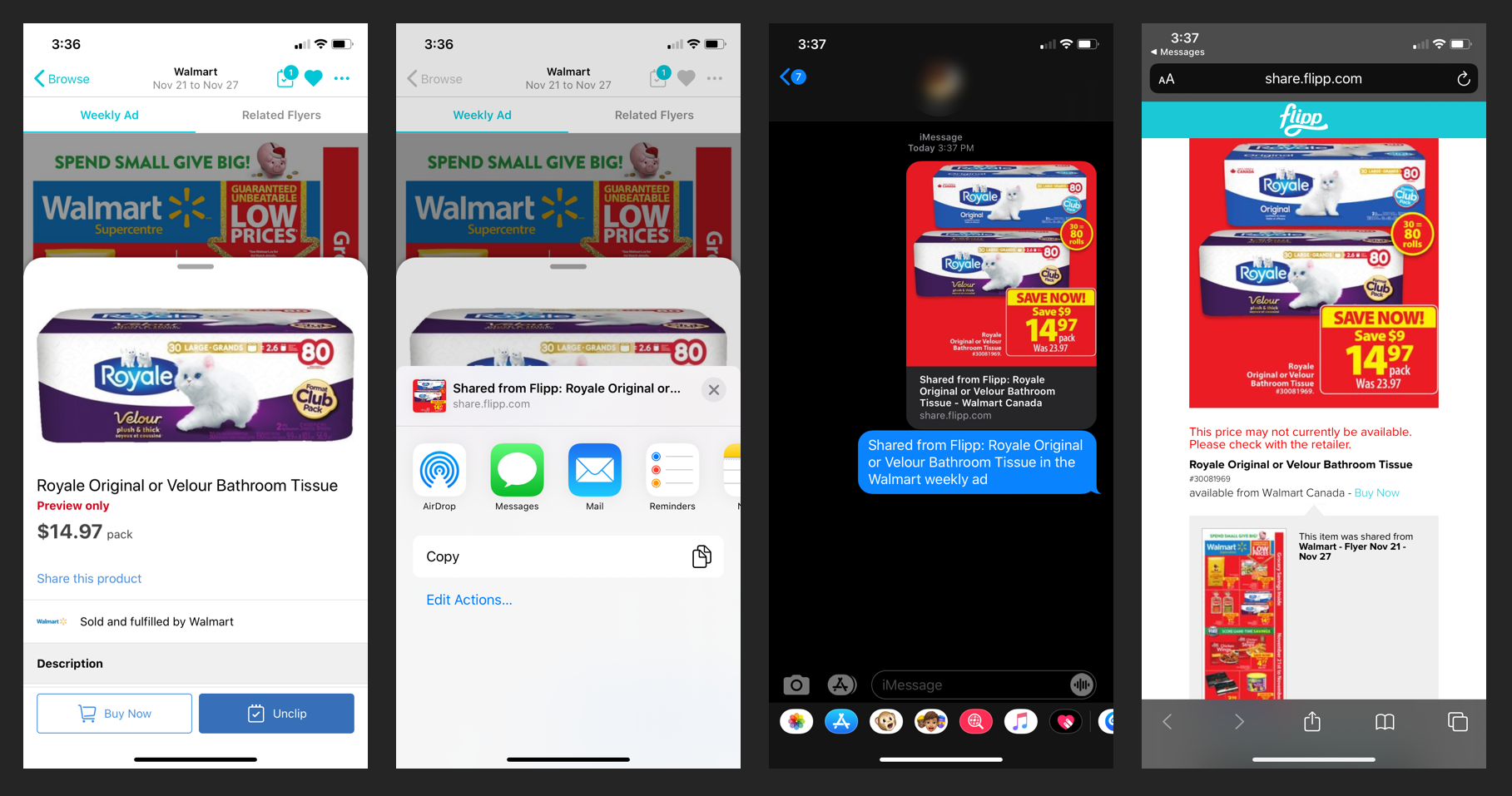 Existing item share: product detail, share sheet, iMessage, and the web fallback showing price may not be available