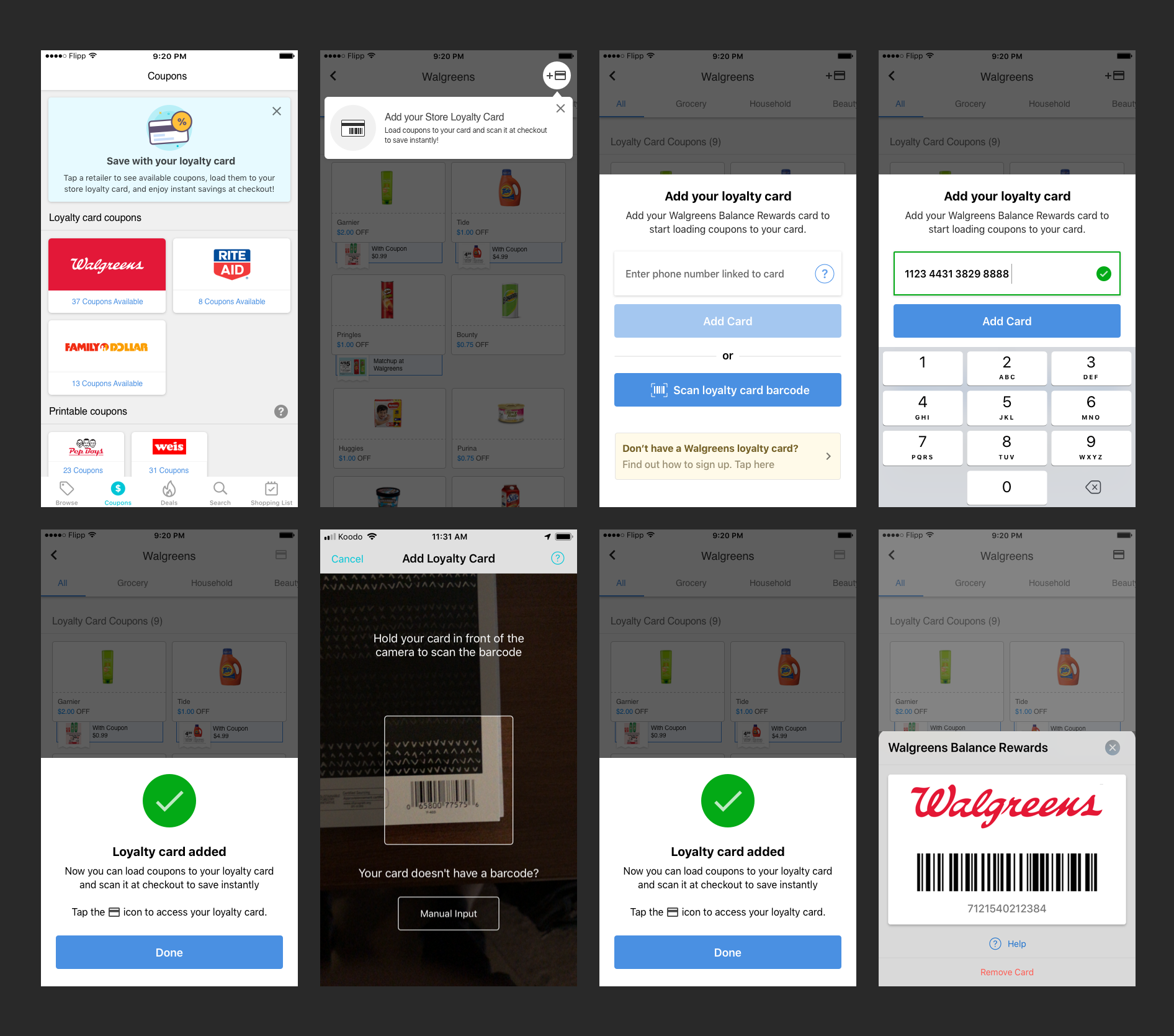 Final shipped loyalty-card flow: add by phone or scan, success, and the card barcode