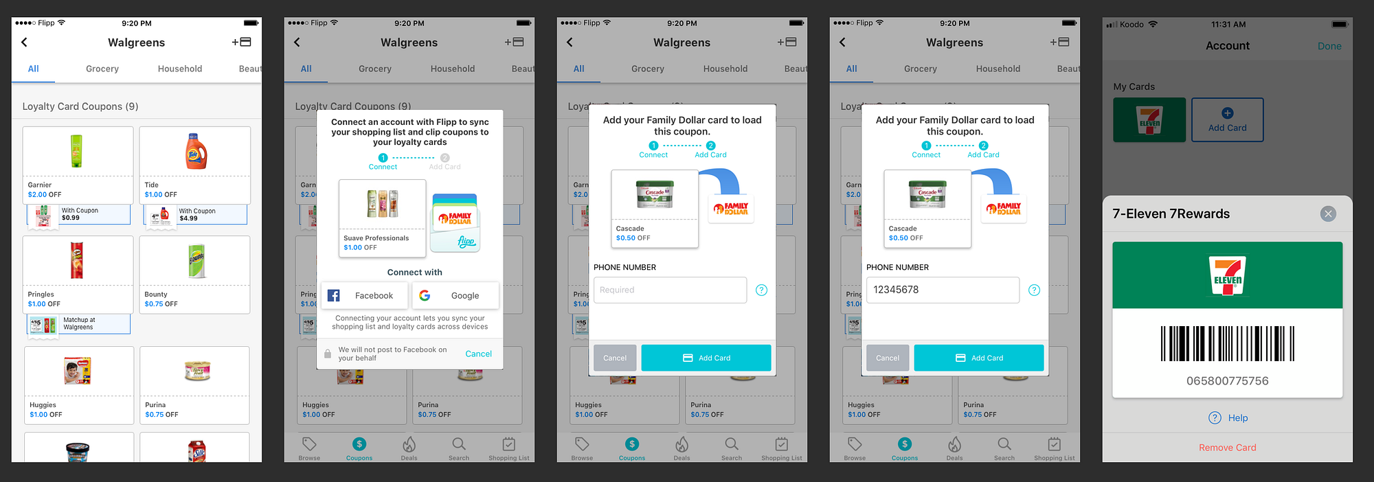 Existing loyalty-card flow gated behind Facebook/Google login