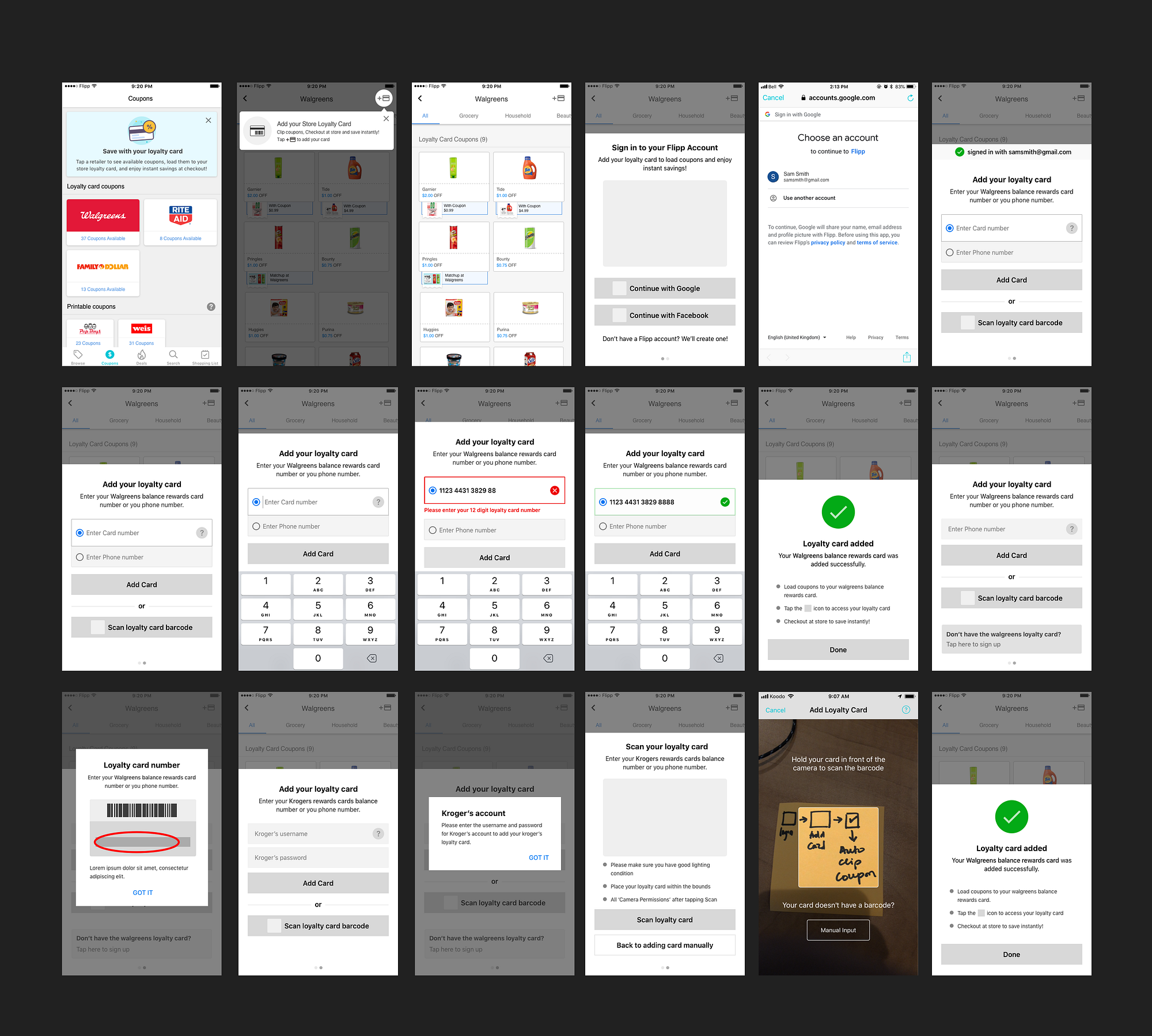 Wireframe explorations covering the loyalty-card journey and edge cases