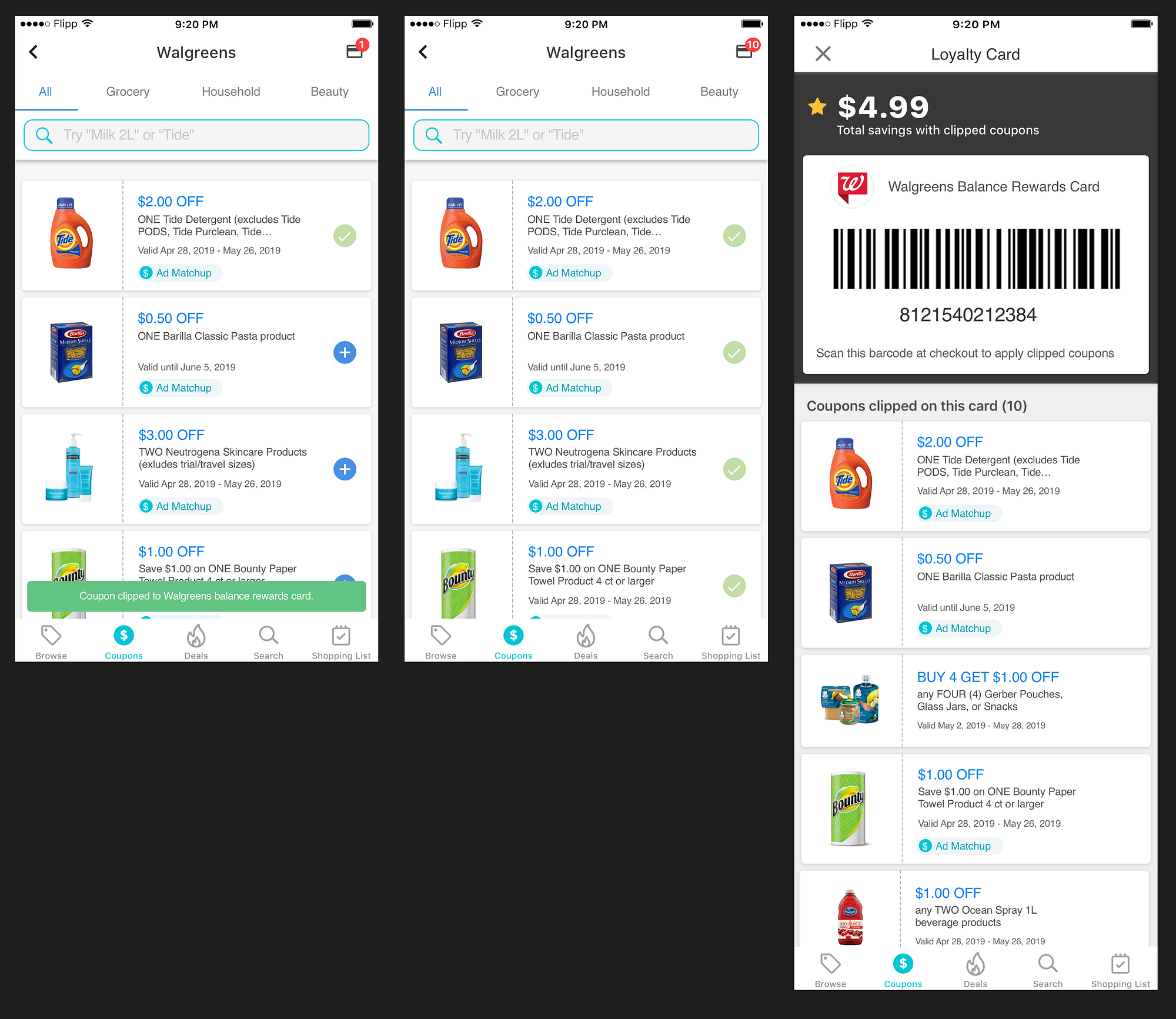 Redesigned coupons hub with full-screen barcode, clipped coupons, and savings total
