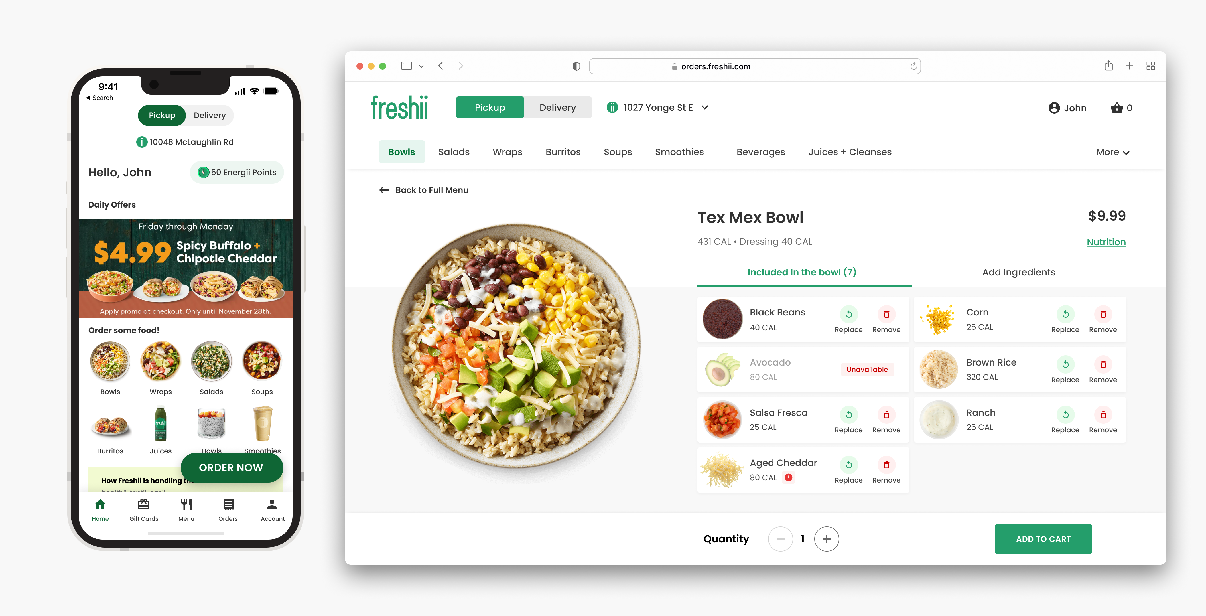 Freshii ordering app and website