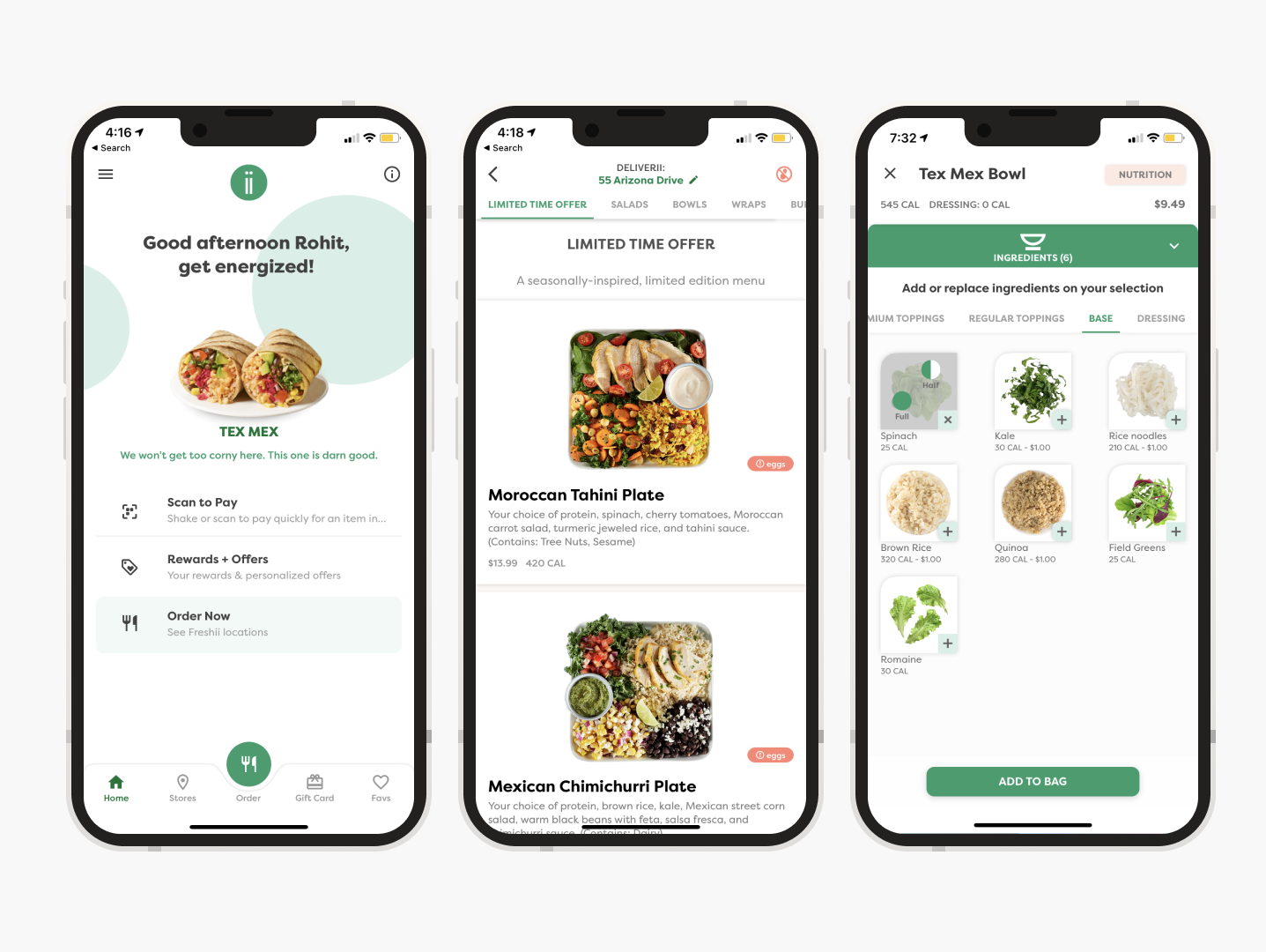 Existing Freshii app — home screen, limited time offer menu, and item customization