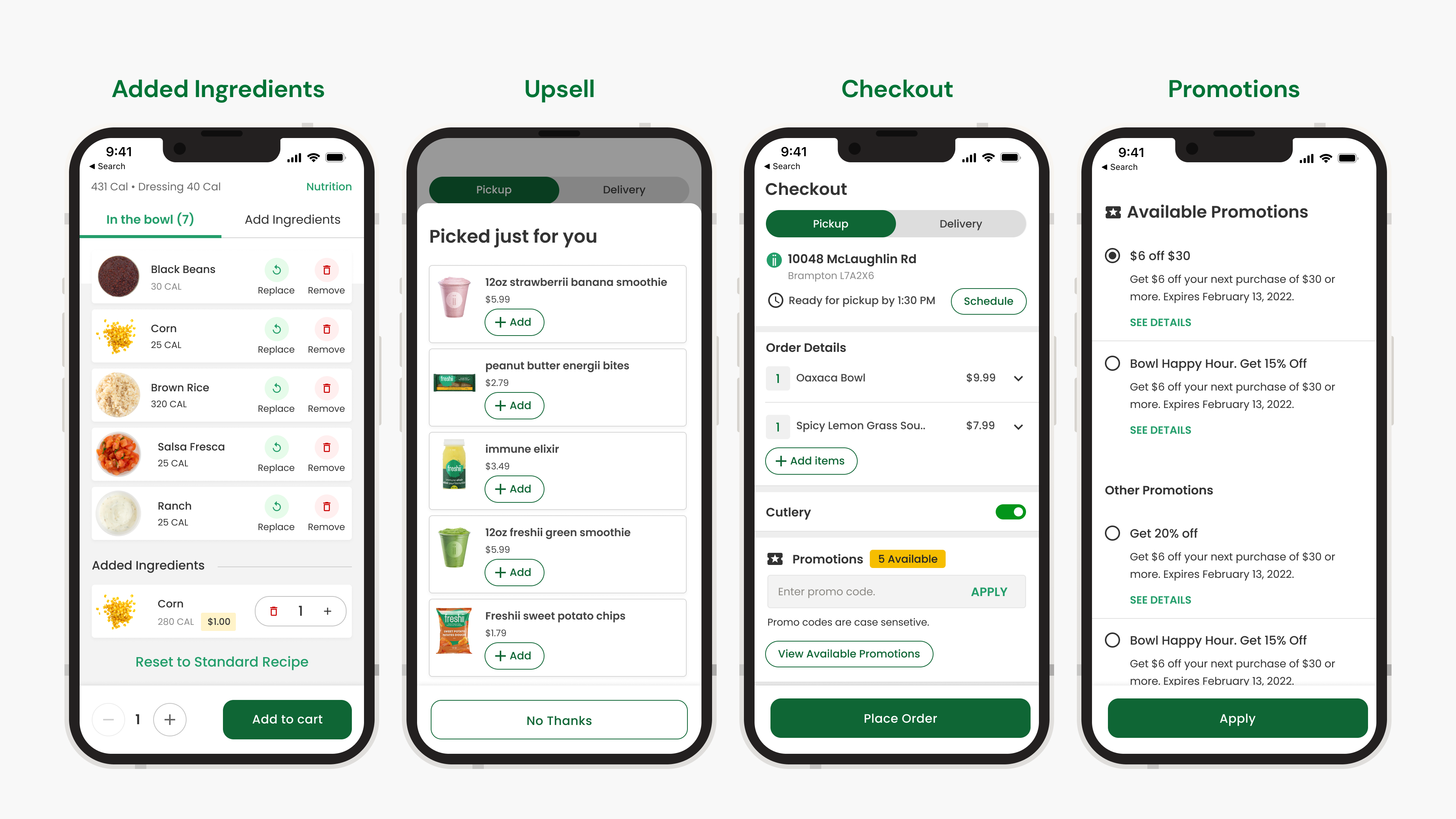 Added ingredients, upsell, checkout, and promotions screens