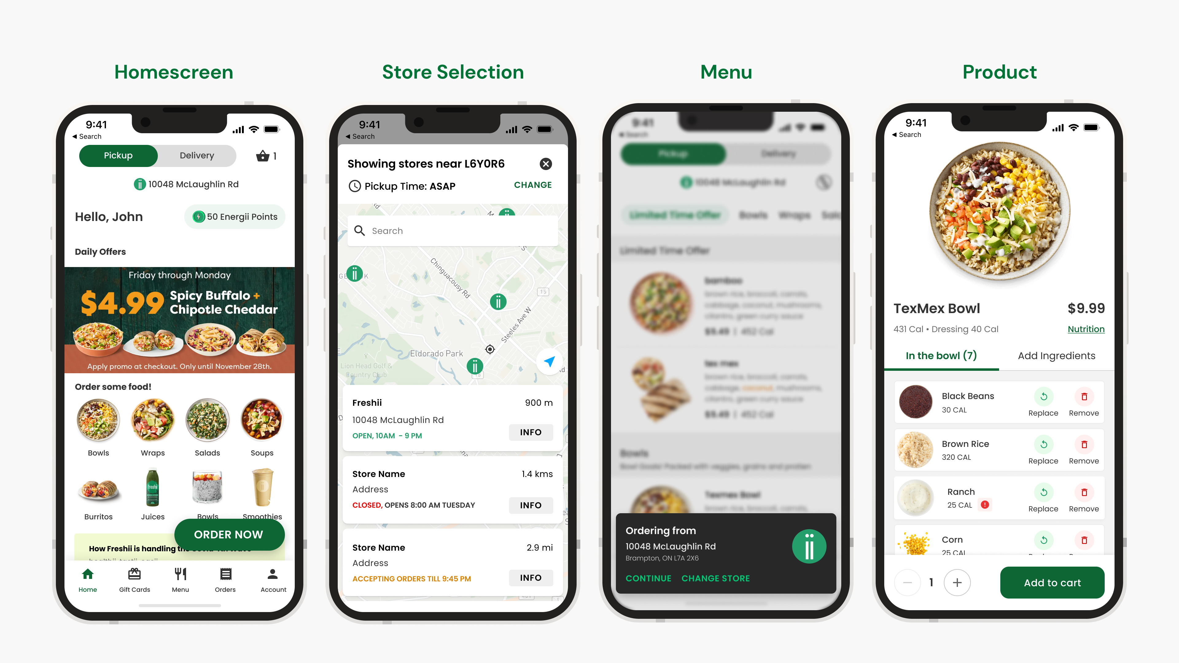 Core ordering flow — homescreen, store selection, menu, and product screens