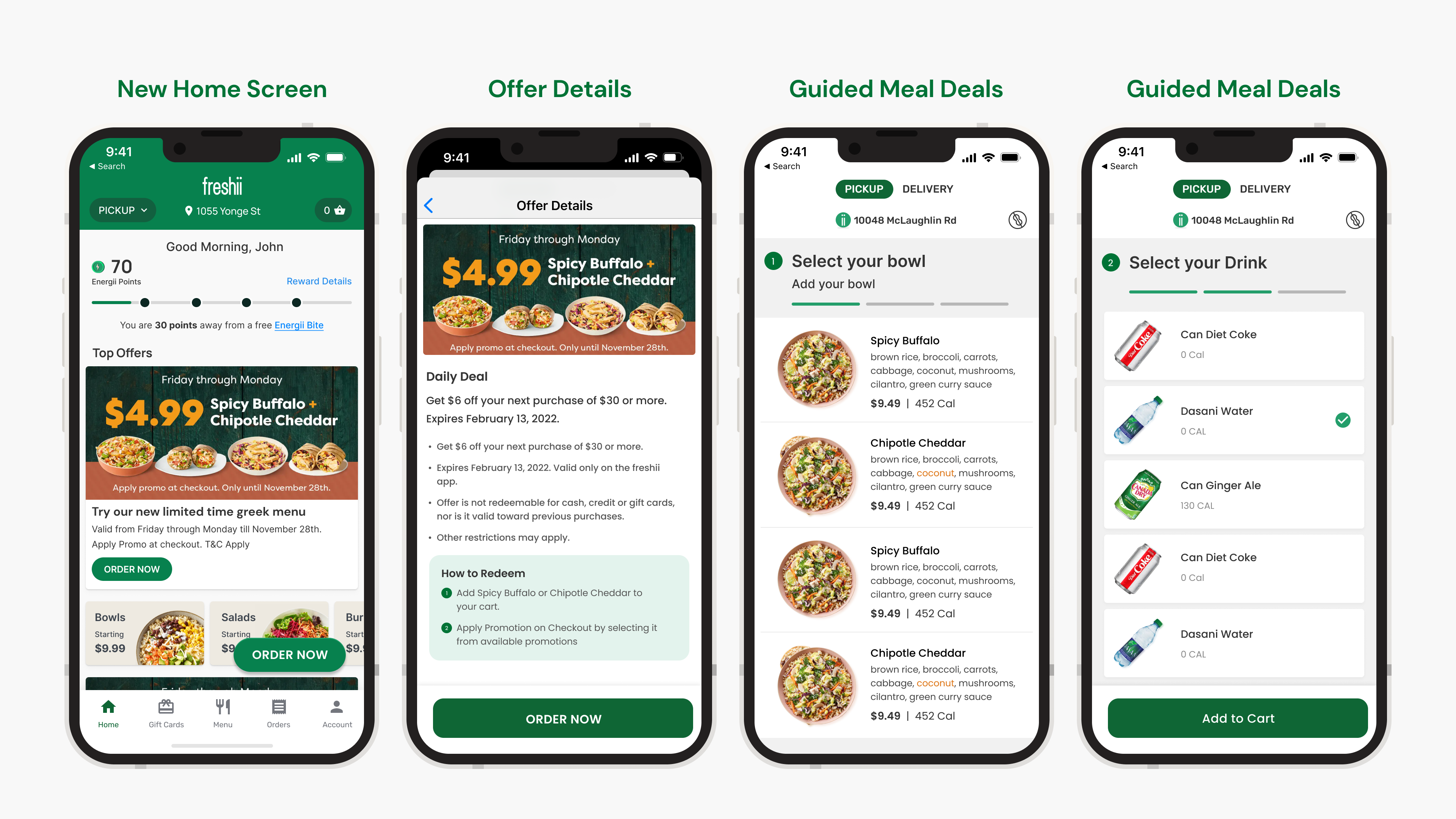 New home screen, offer details, and guided meal deal flow