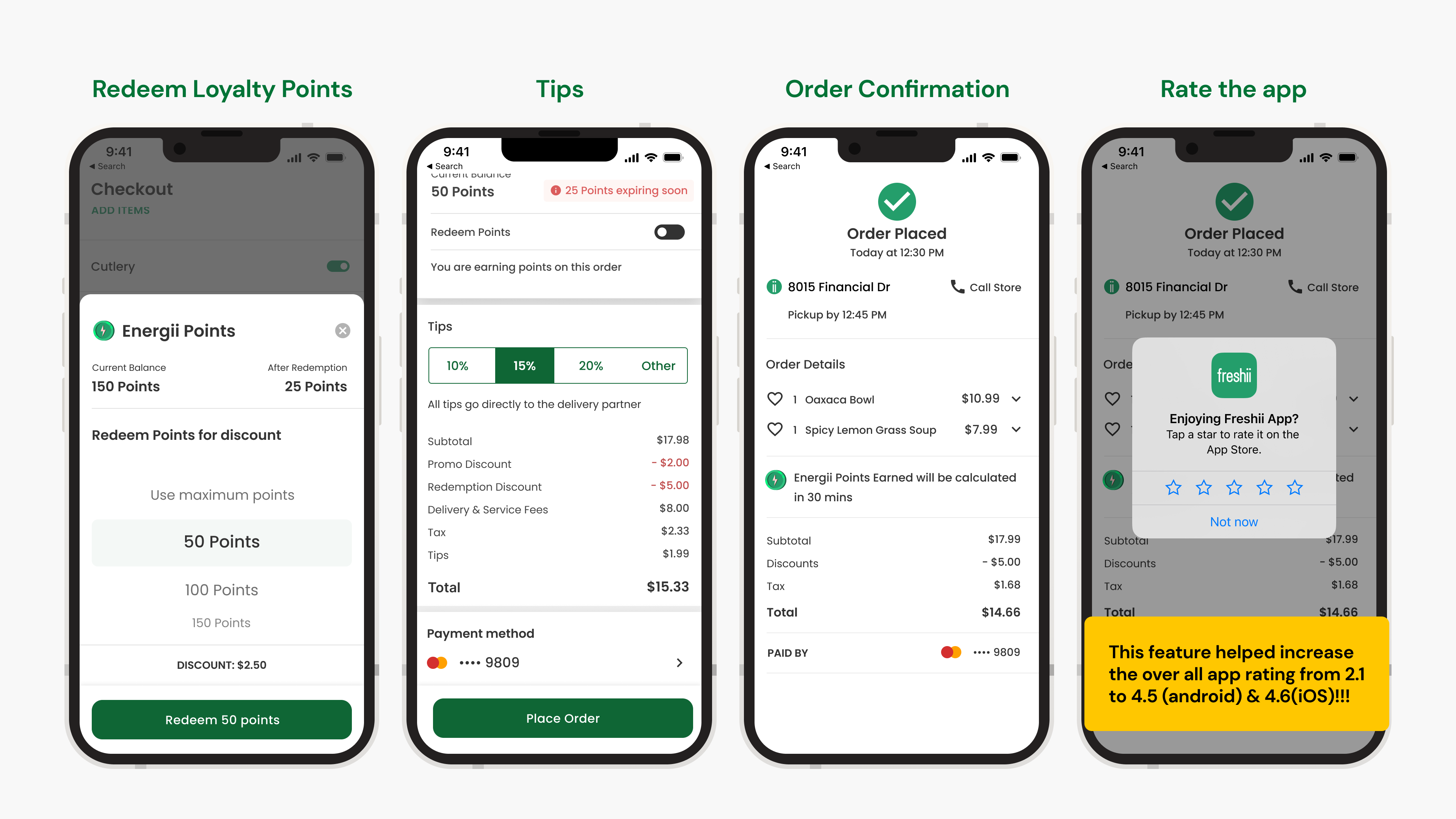 Redeem loyalty points, tips, order confirmation, and rate the app screens