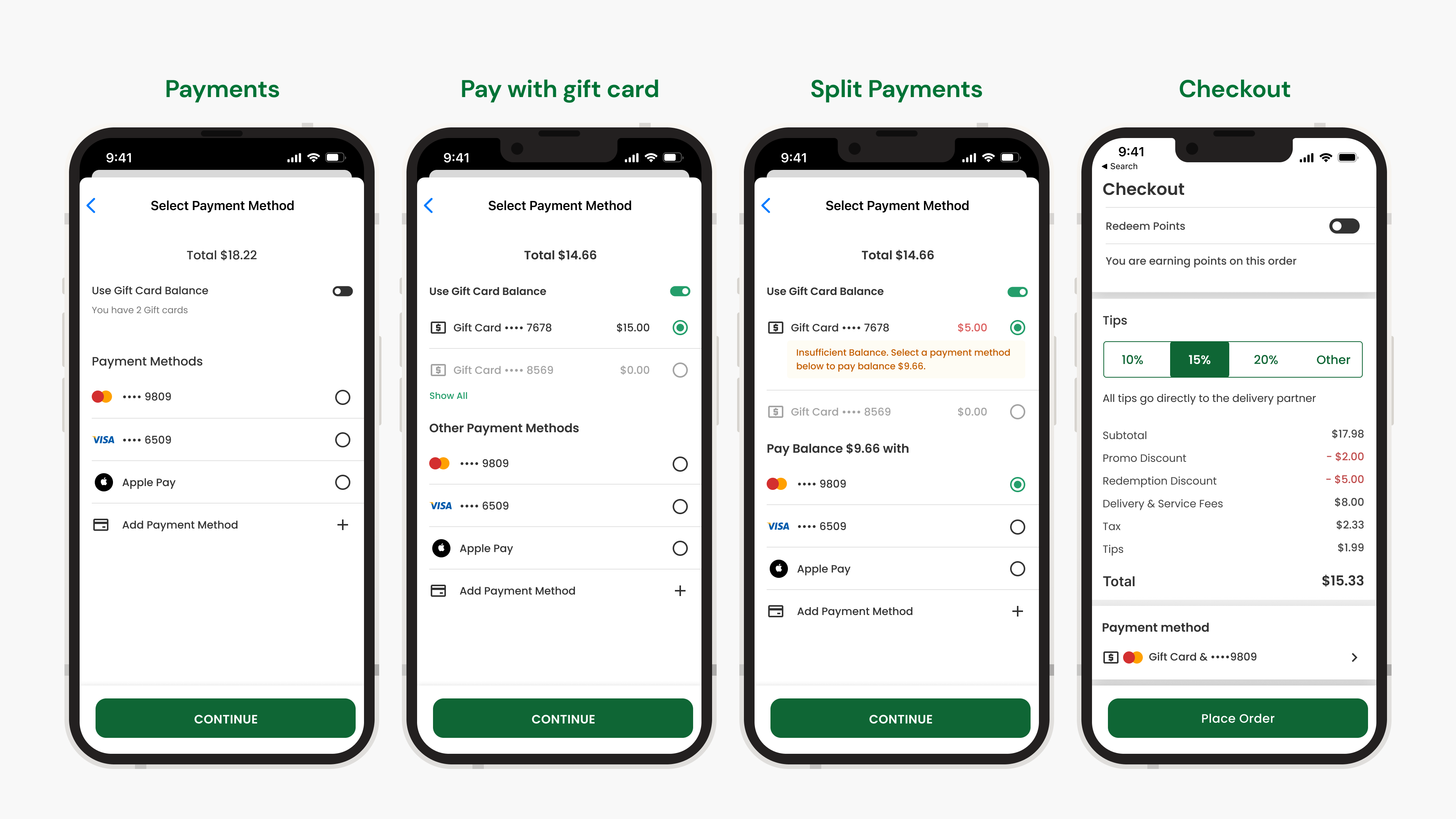 Payment methods, gift card payment, split payments, and checkout