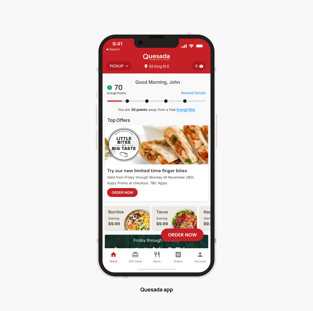 Quesada app built on the same ordering platform as Freshii