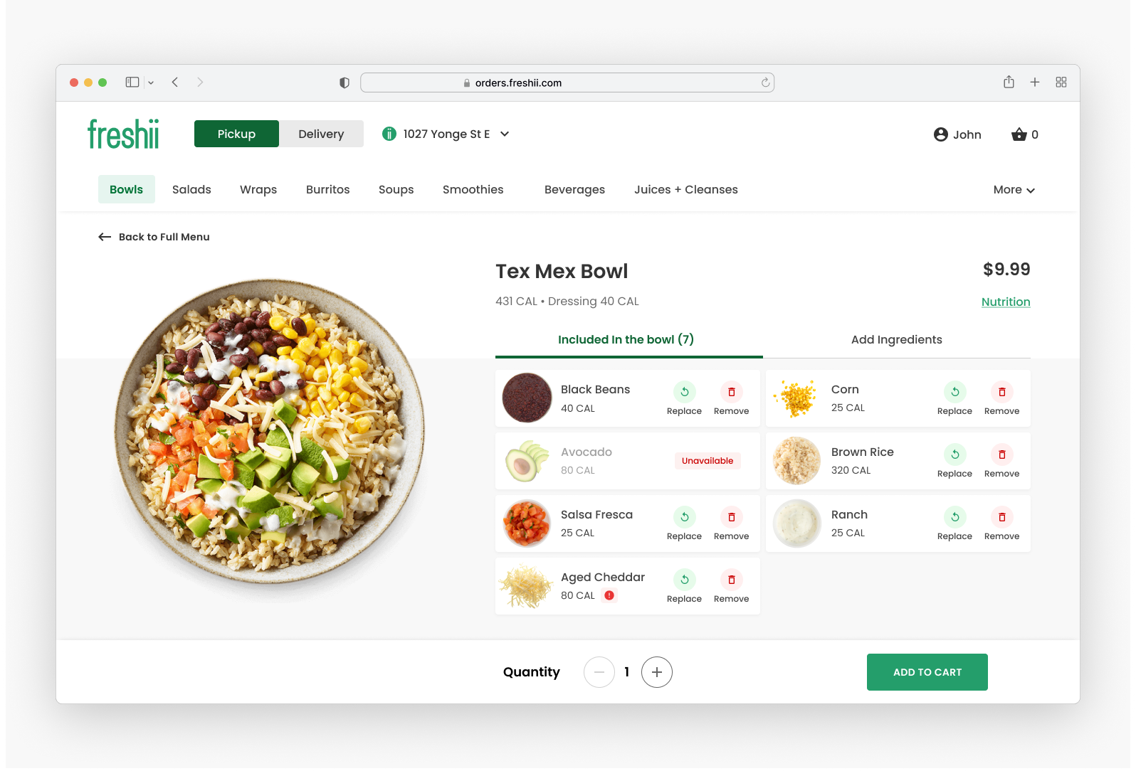 Visual design of the Tex Mex Bowl product page with real photography and ingredient list