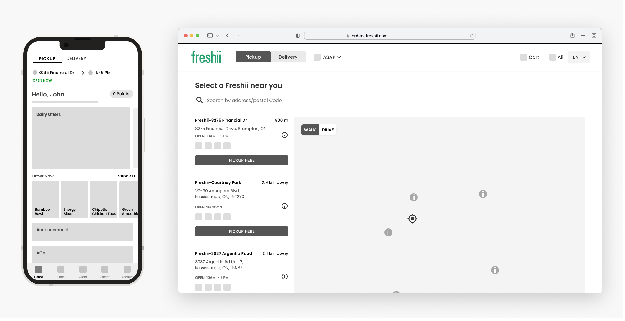 Wireframes for the home screen and store selection flow