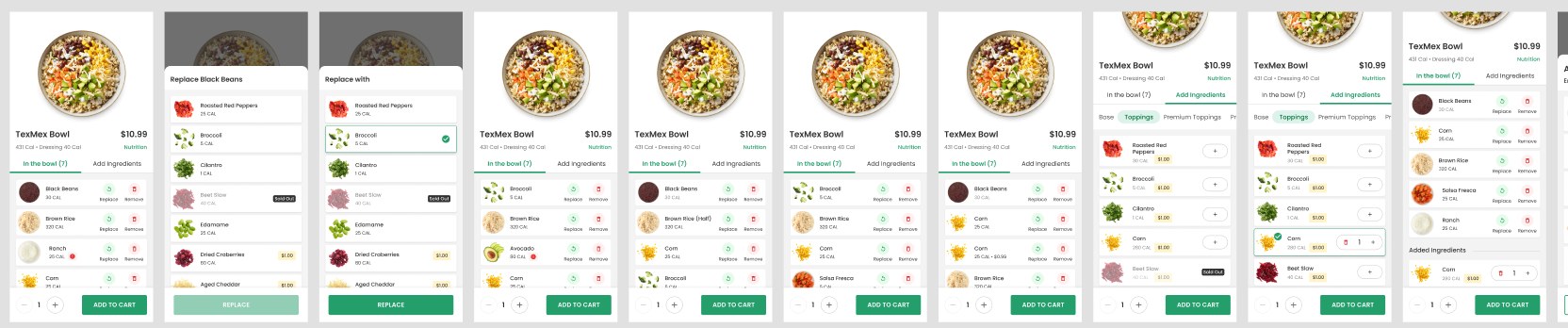 Bowl customization — replace, remove, add ingredients with pricing and calories