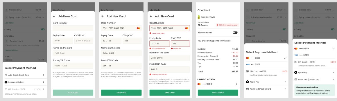 Checkout flow — add card, select payment, place order
