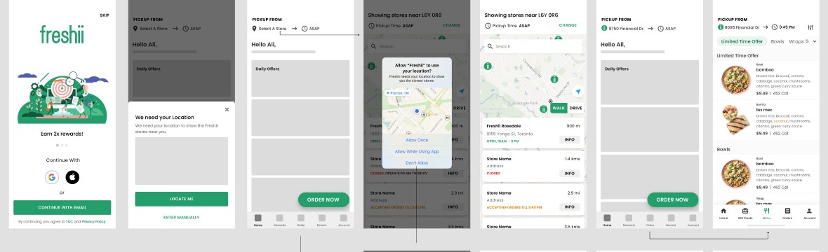Guest flow — browsing the menu and choosing a store before signing up