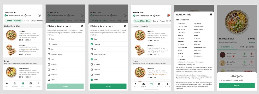 Menu with dietary filters and nutrition info