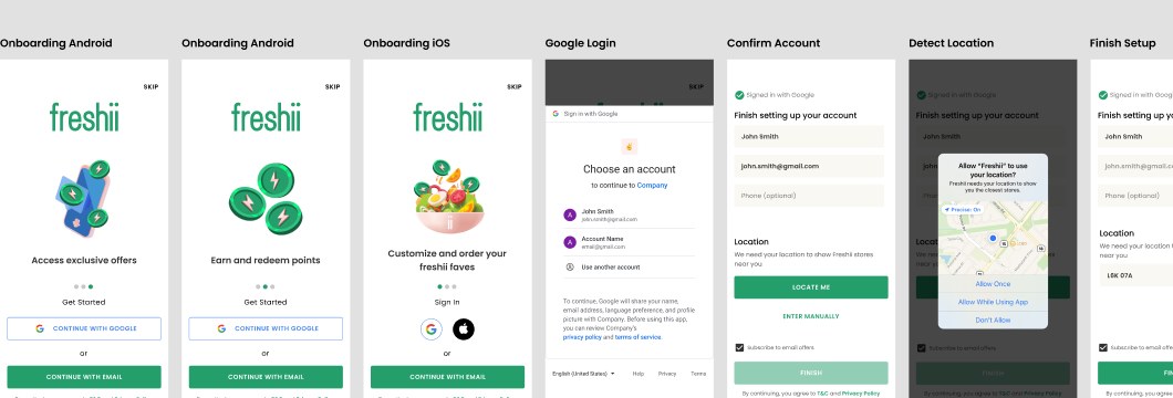 Freshii onboarding screens — brand intro, account choice, location setup