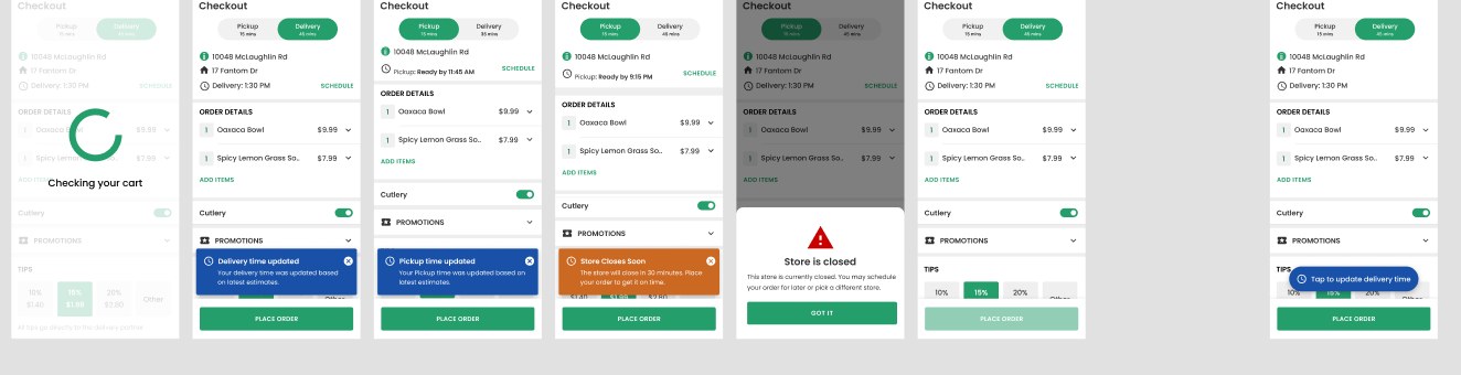 Screens conveying a changed pickup or delivery time
