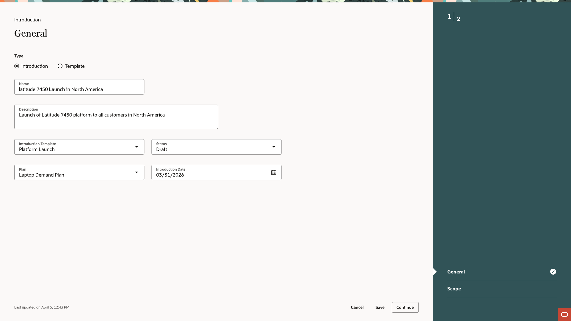 General step with Introduction/Template type selector, Name, Description, Introduction Template dropdown, Status, Plan, and Introduction Date fields