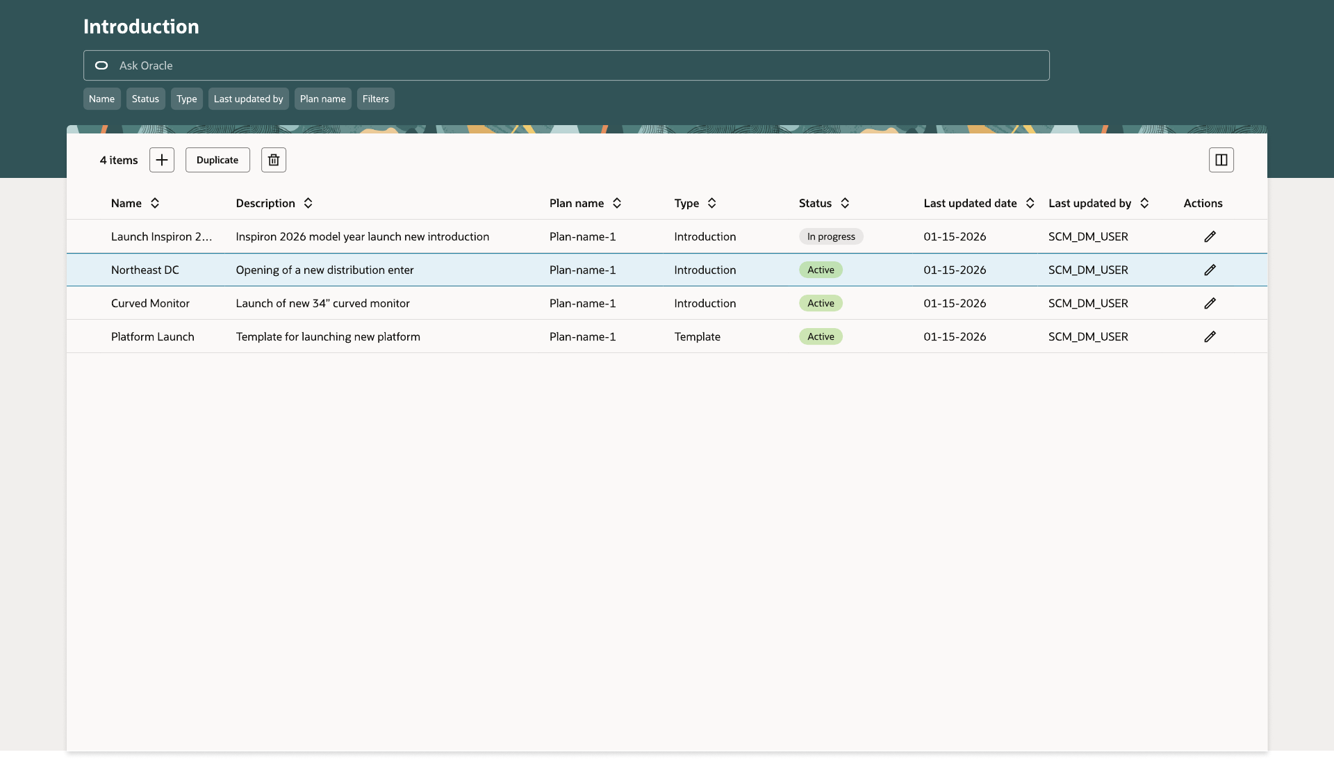 Introduction list showing name, description, plan name, type, status, and last updated date