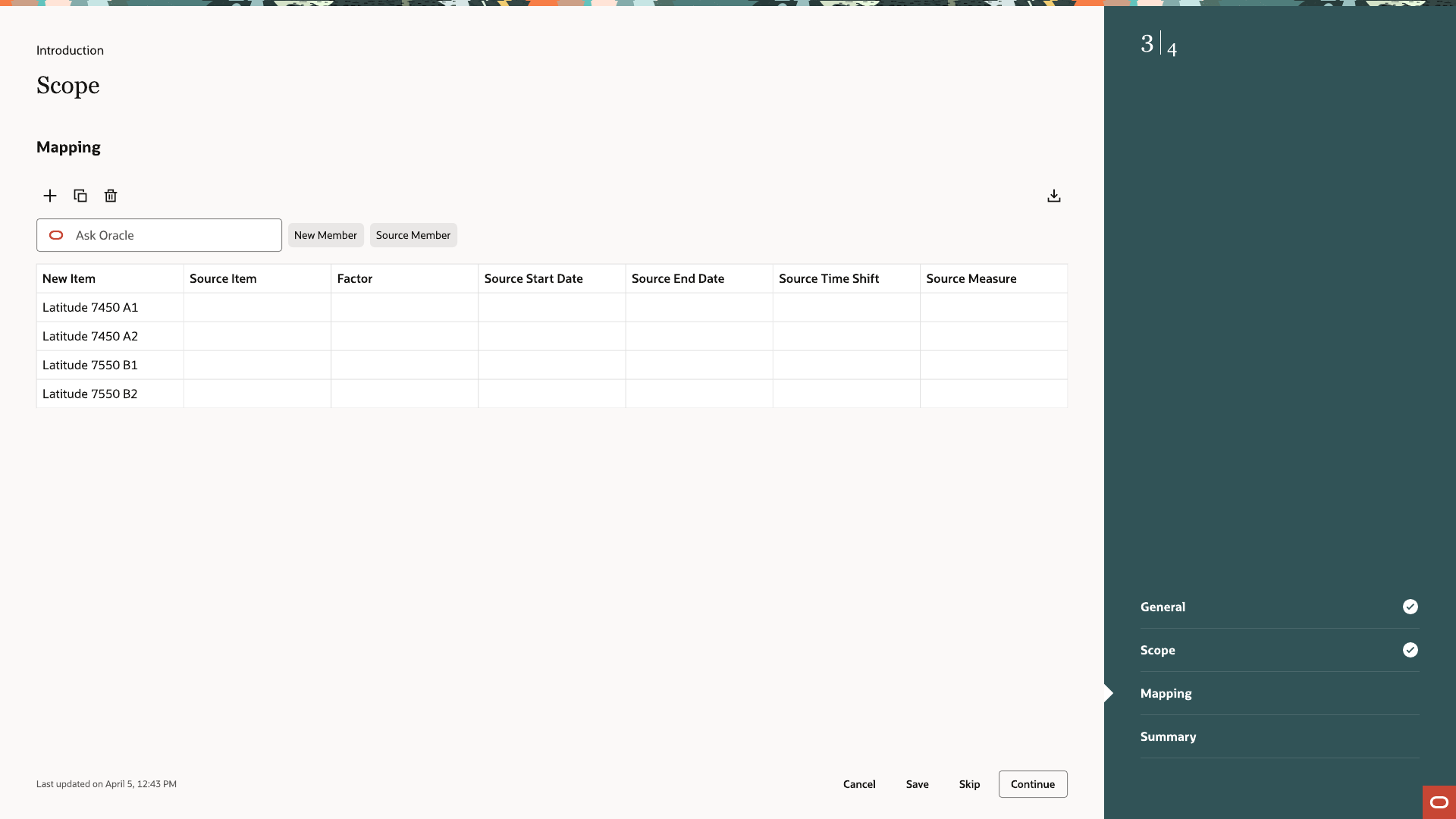 Mapping table listing four new items with empty Source Item, Factor, and date columns, not yet paired