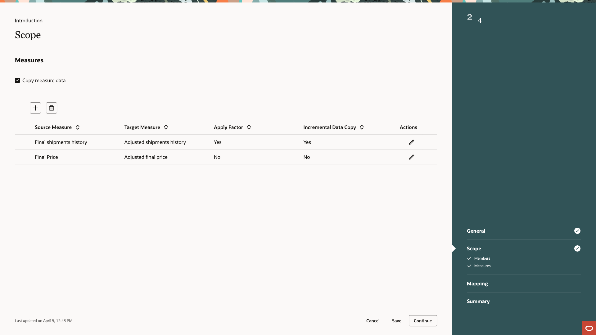 Measures step showing Source Measure, Target Measure, Apply Factor, and Incremental Data Copy columns, with shipment history set to Yes and Yes, and price set to No and No