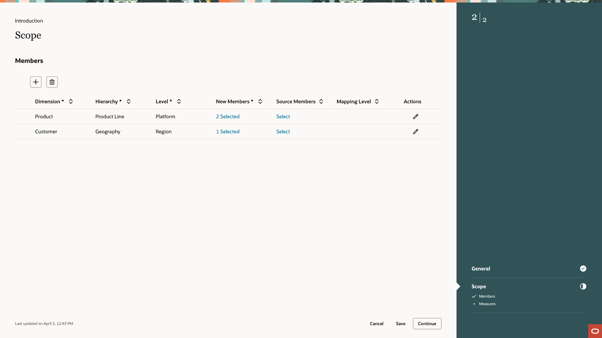 Scope step with a Members table showing Dimension, Hierarchy, Level, New Members, Source Members, and Mapping Level columns, with selections made for Product and Customer rows