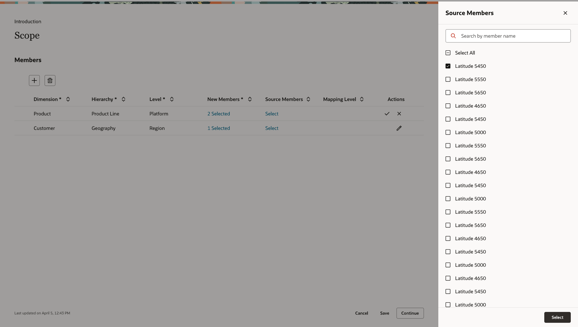 Source Members panel with a searchable multi-select list of product members