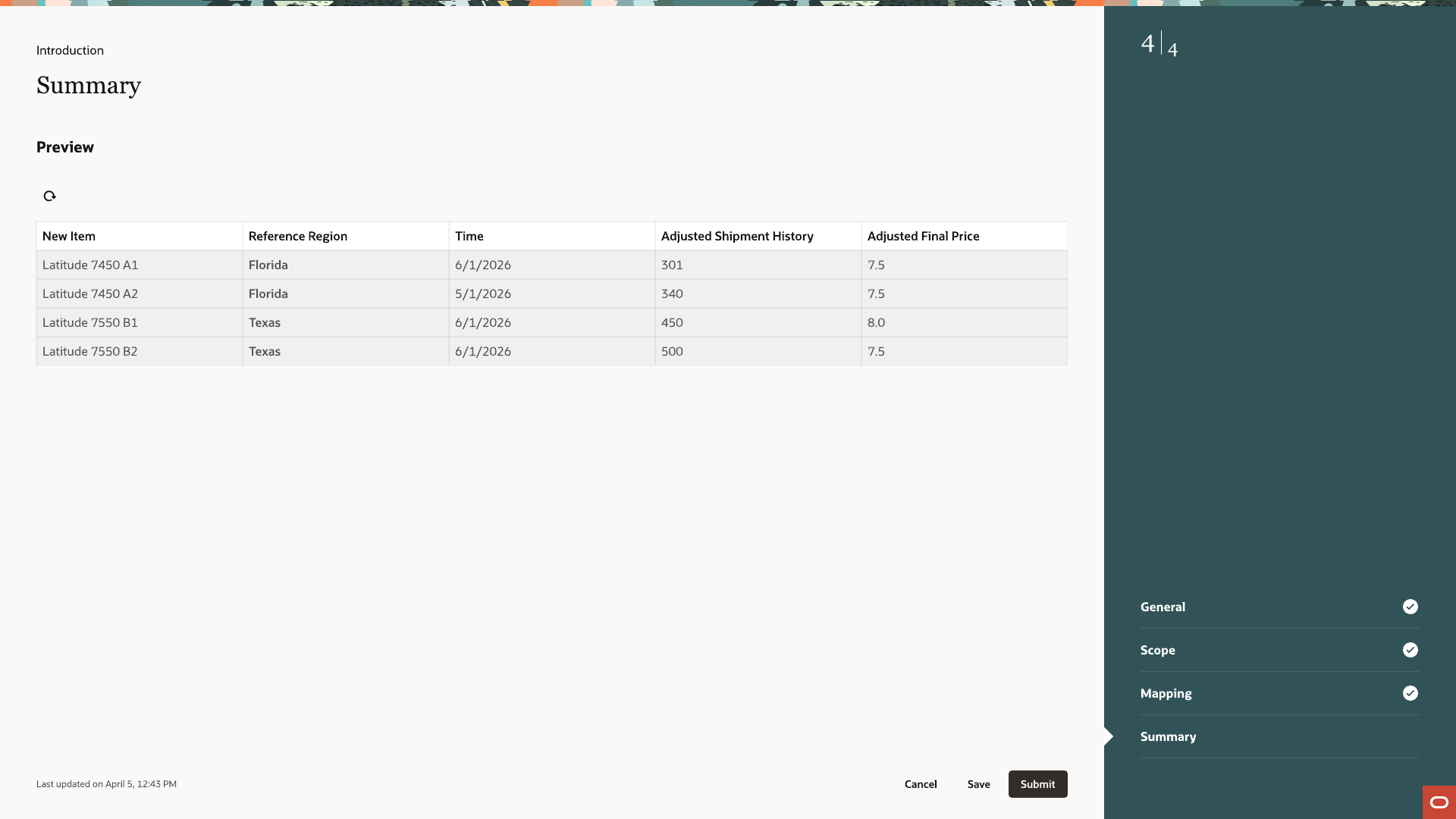 Summary preview table showing new item, reference region, time, adjusted shipment history, and adjusted final price