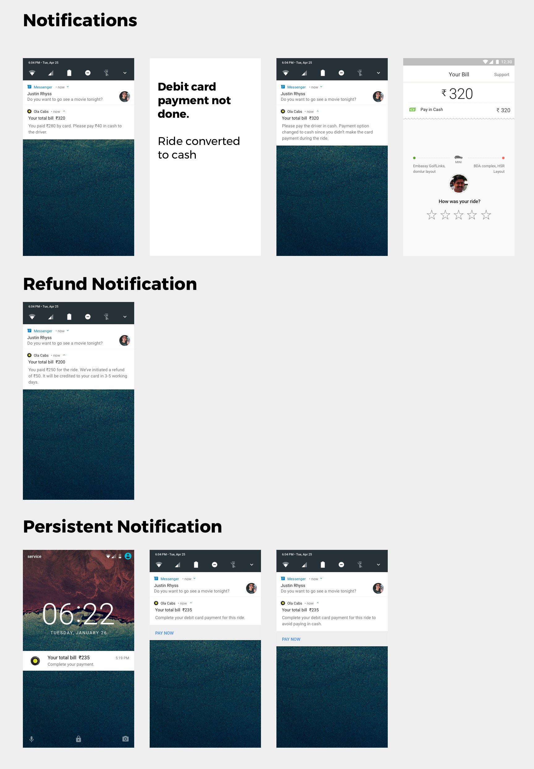 Notification designs: payment reminders, ride converted to cash, refund, persistent notification