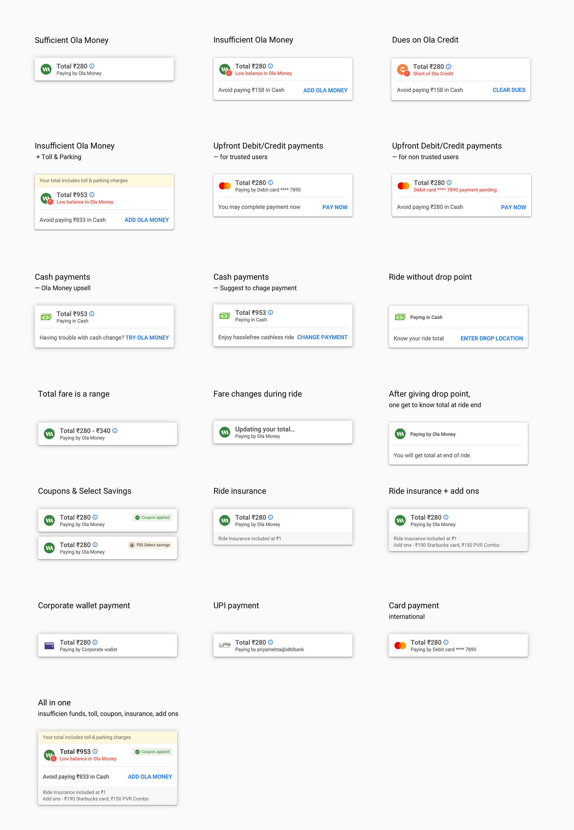 Matrix of payment card states across Ola Money, cards, cash, coupons, insurance, UPI and more
