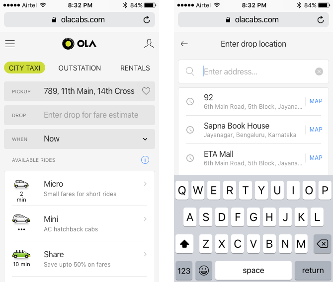 Ola Lite PWA: home screen and text-based drop location entry with a small MAP link