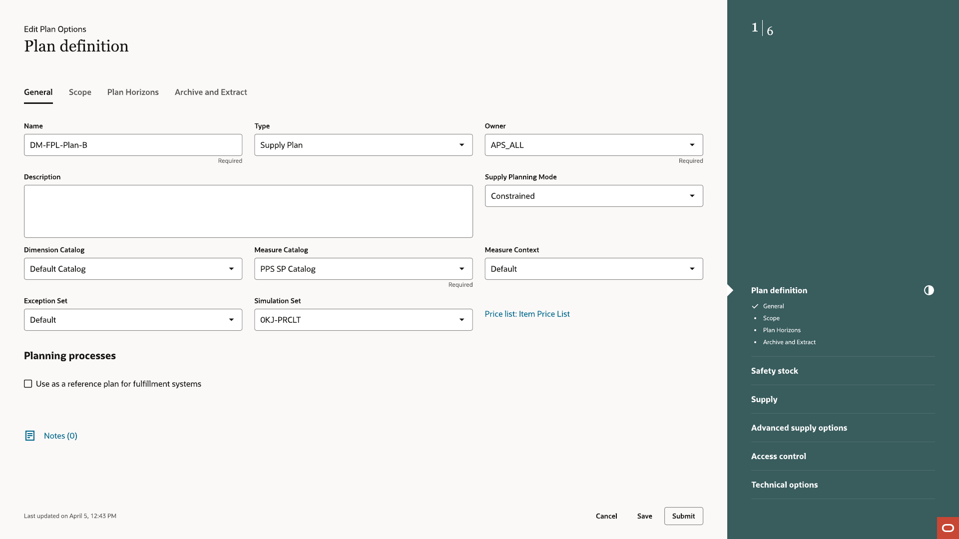 Edit Plan Options screen, reopening the guided process with the plan's saved configuration