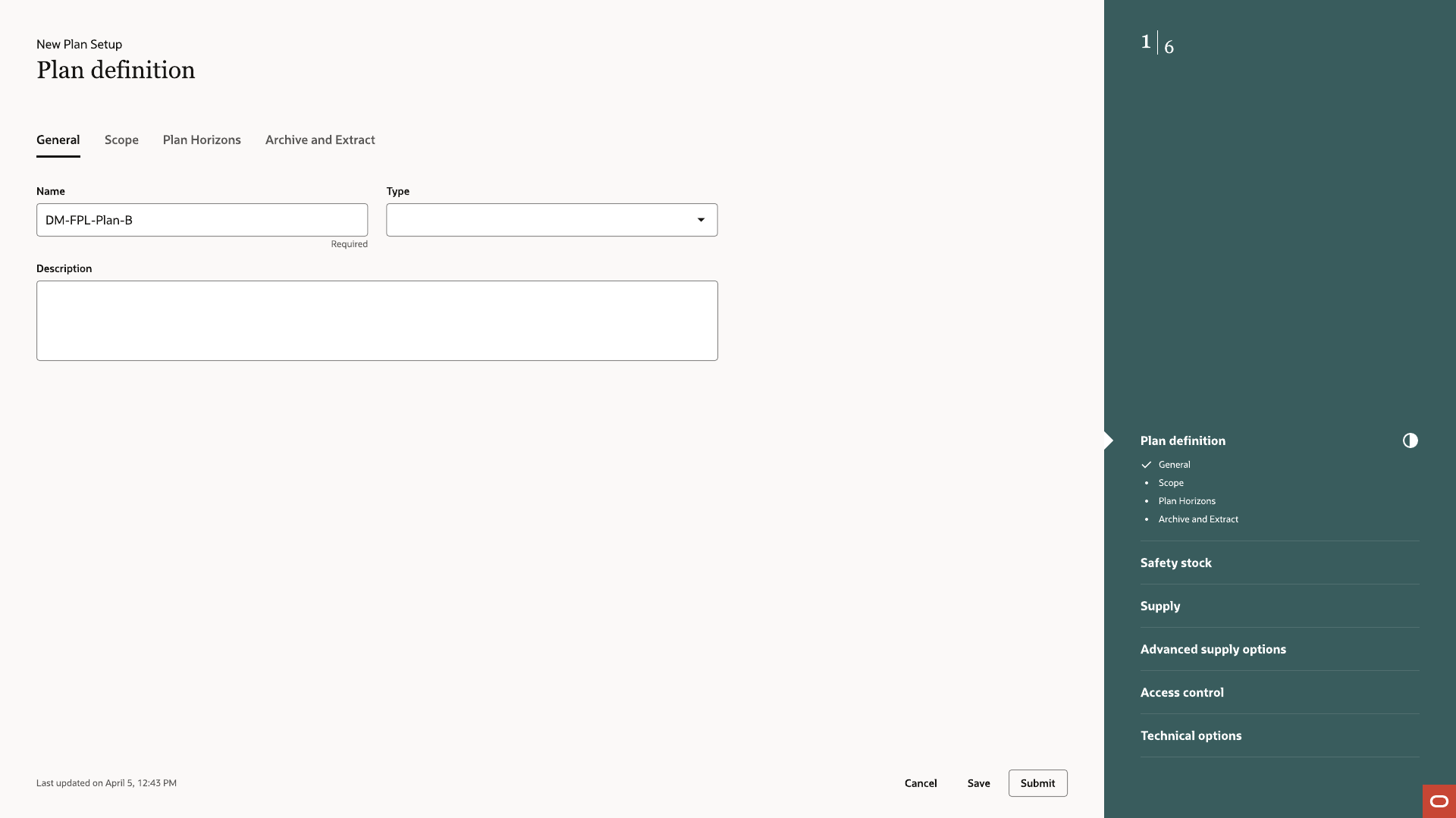 Name, Type, and Description fields when starting a new plan, with the full step rail already visible on the right