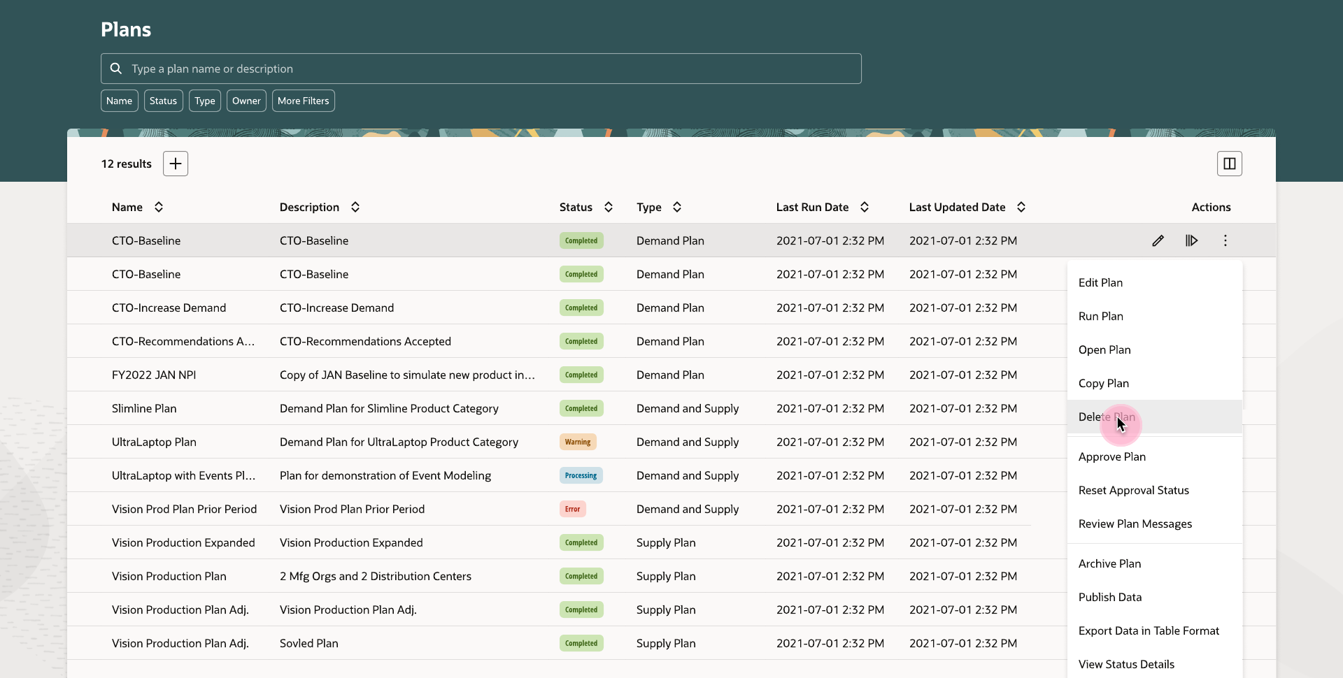 Plan actions menu open on the Plans list, showing Edit Plan, Run Plan, Open Plan, Copy Plan, Delete Plan, Approve Plan, Reset Approval Status, Review Plan Messages, Archive Plan, Publish Data, Export Data in Table Format, and View Status Details