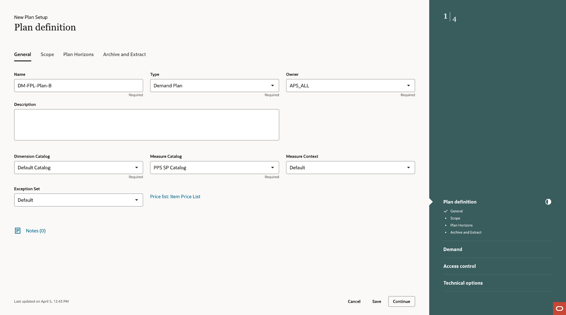 Plan Definition General tab with pre-filled plan options for a Demand Plan, showing a four-step rail