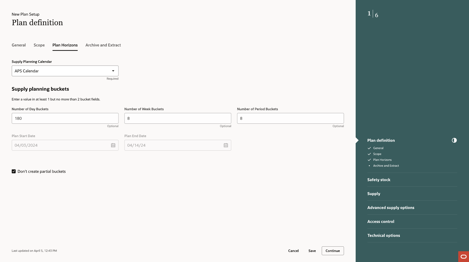 Plan Horizons tab for setting the planning calendar and buckets