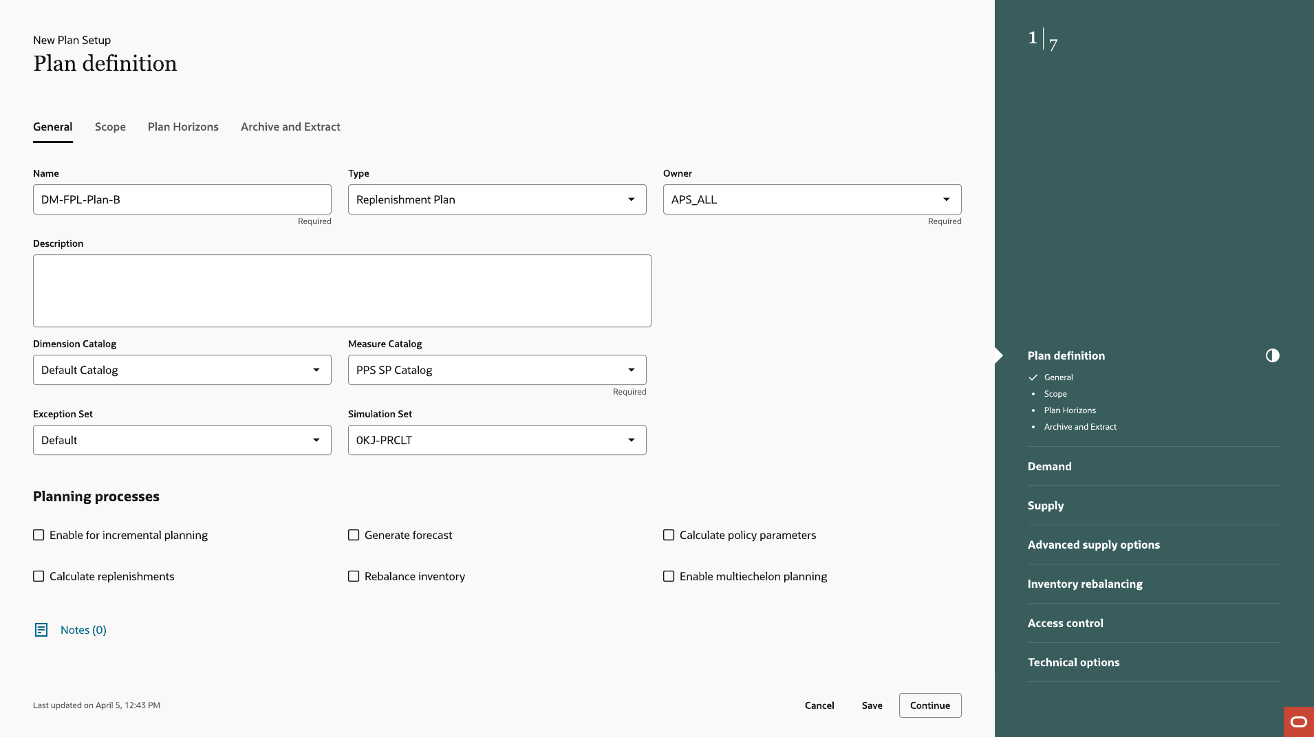 Plan Definition for a Replenishment Plan, with Inventory Rebalancing listed in the step rail