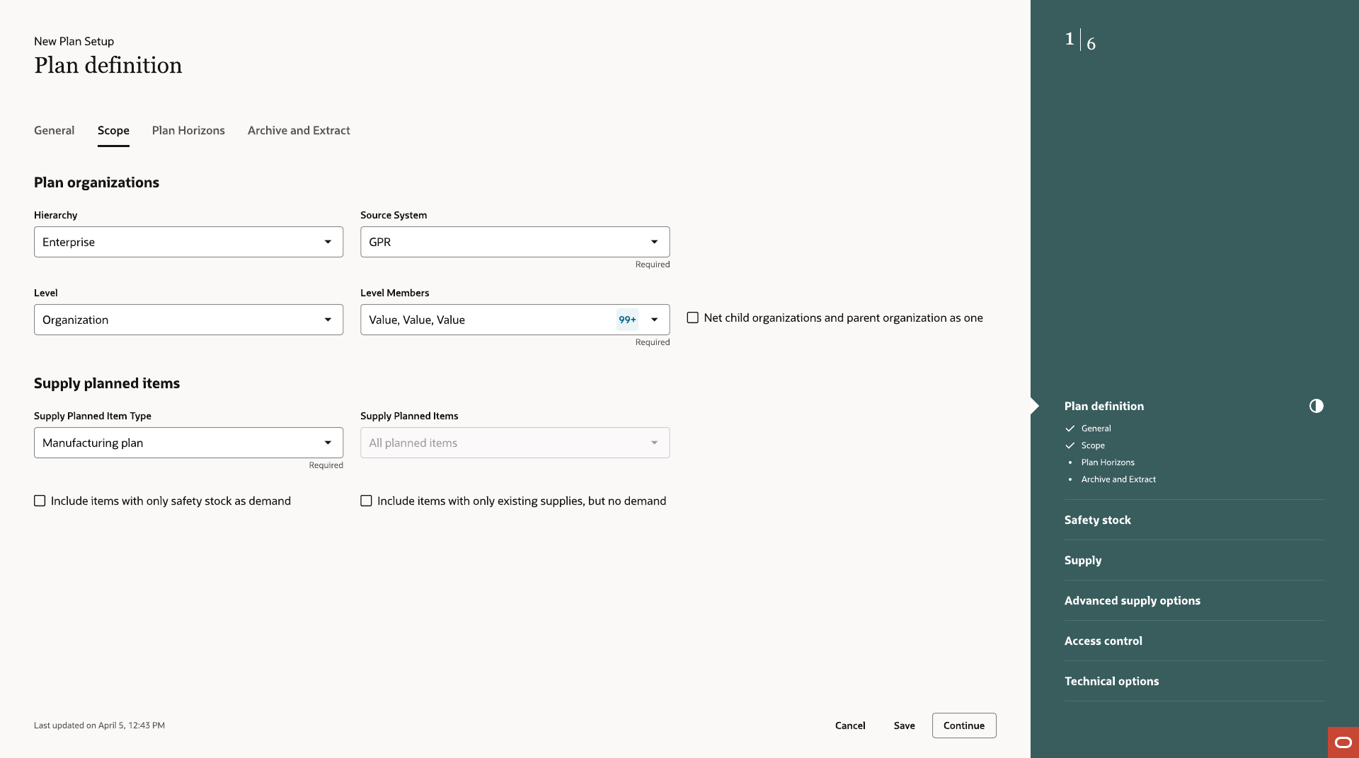 Scope tab for selecting plan organizations and items