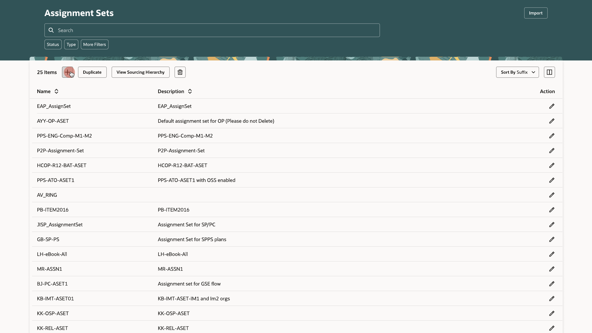 Assignment Sets list with name, description columns, and a View Sourcing Hierarchy button