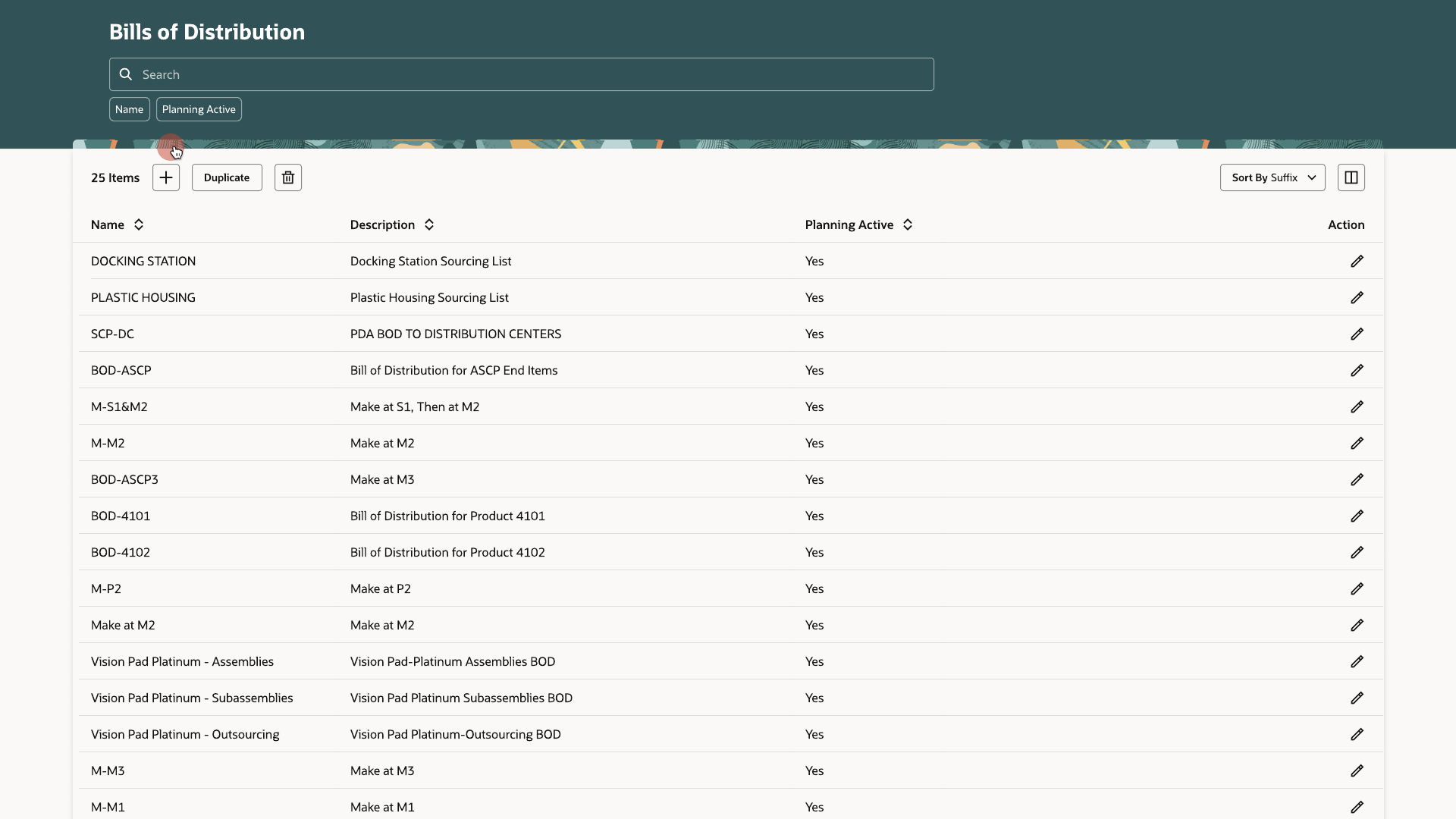 Bills of Distribution list showing name, description, and planning active status