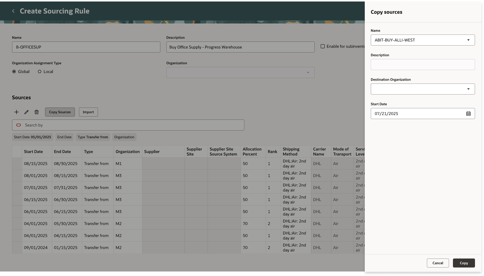 Copy sources drawer with Name, Description, Destination Organization, and Start Date fields, open over an existing sources table