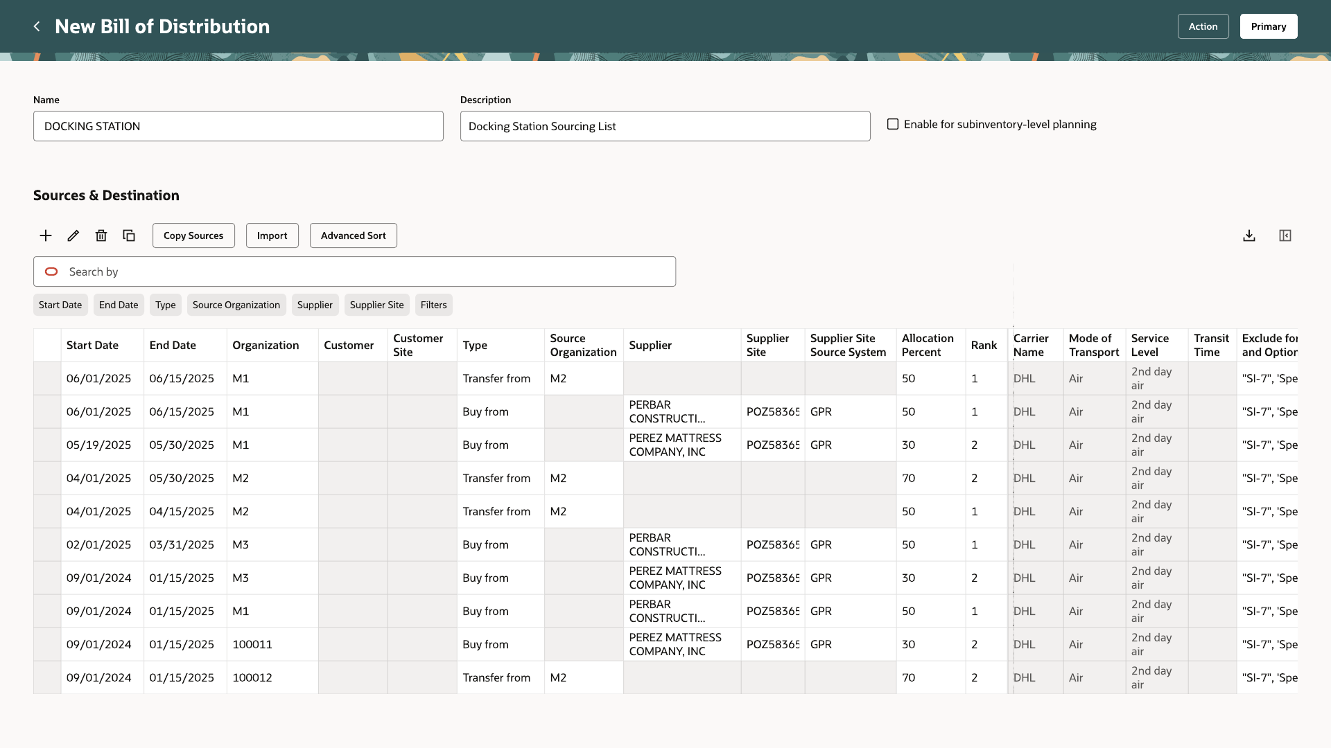 New Bill of Distribution screen with a Sources and Destination table showing organization, customer, type, allocation percent, and rank columns filled in