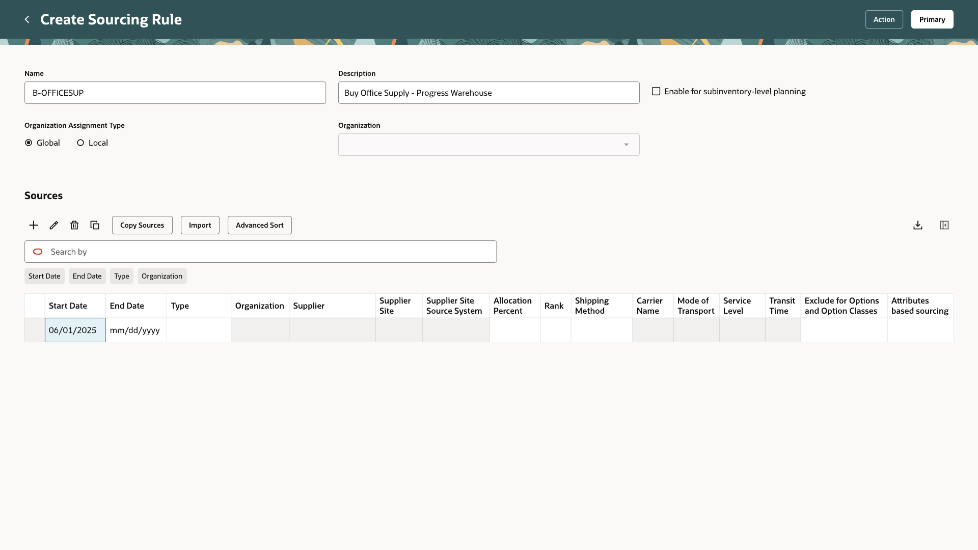 Create Sourcing Rule screen with Name, Description, and Organization Assignment Type fields, and an empty Sources table