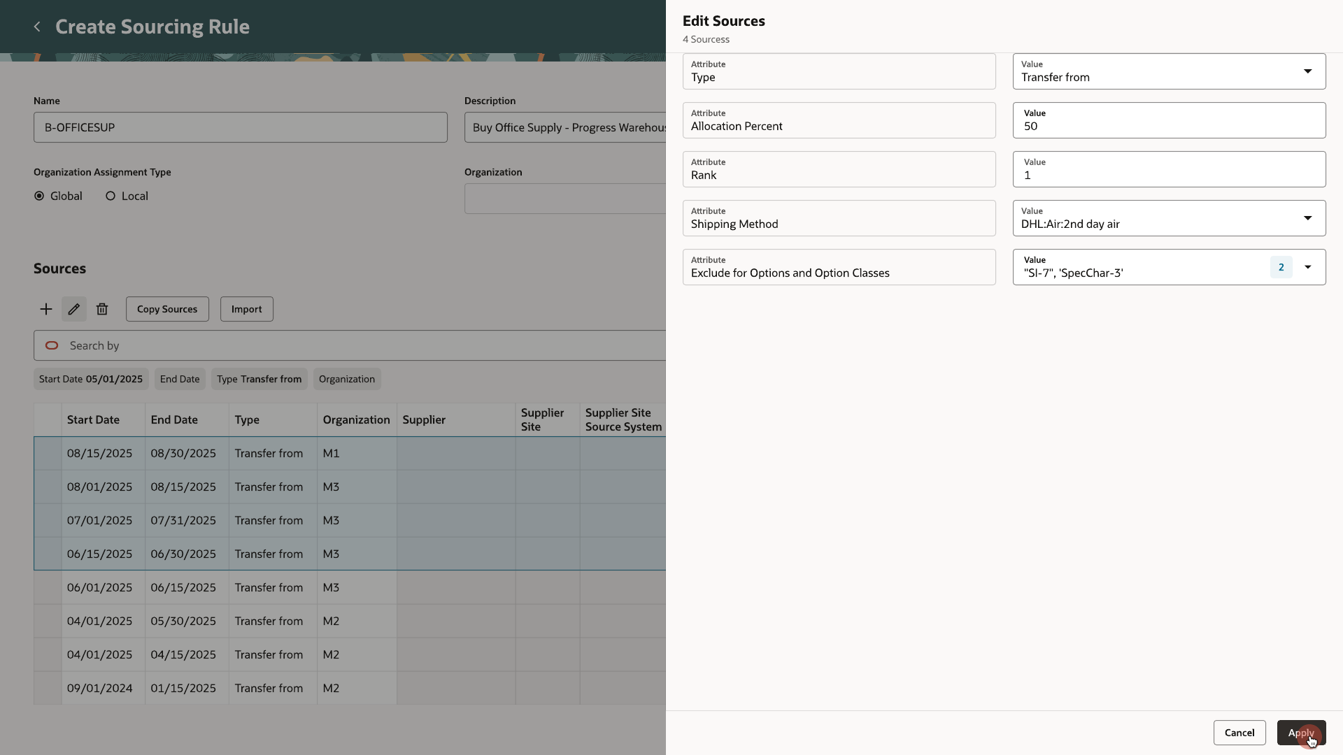 Edit Sources panel open over four selected rows, with Type, Allocation Percent, Rank, and Shipping Method fields shown once for all four
