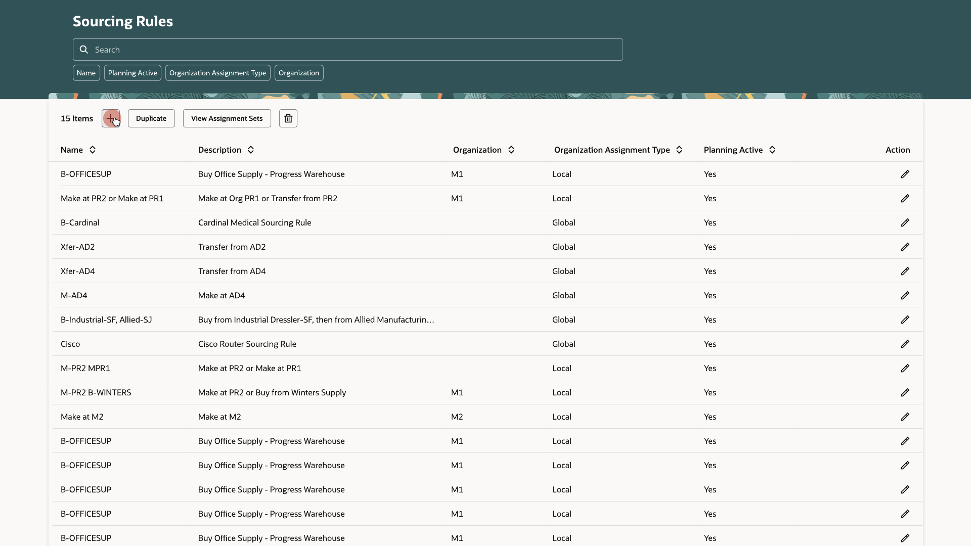 Sourcing Rules list showing name, description, organization, organization assignment type, and planning active status
